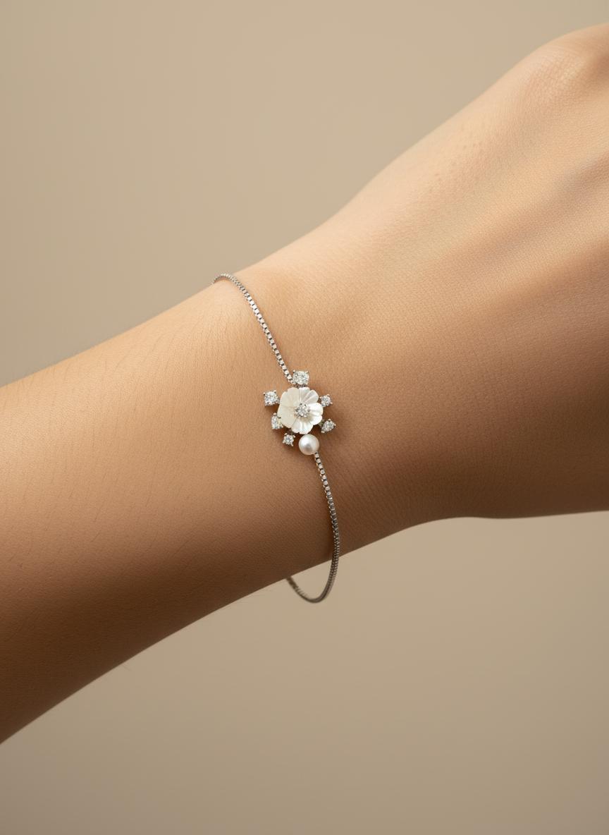 Elegant Floral Pearl & Crystal Bracelet
