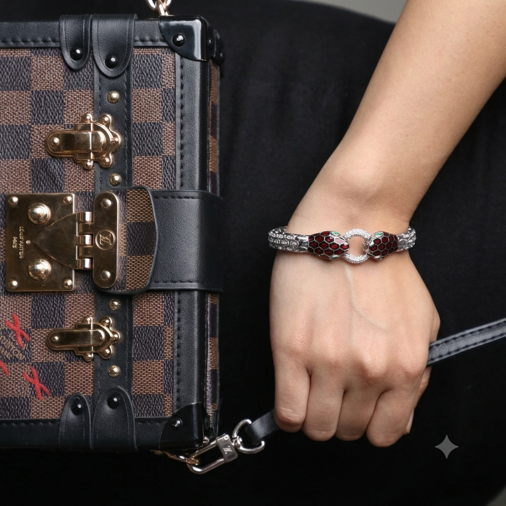 Statement Cuff – Crimson Enamel & Pavé Snake Bracelet