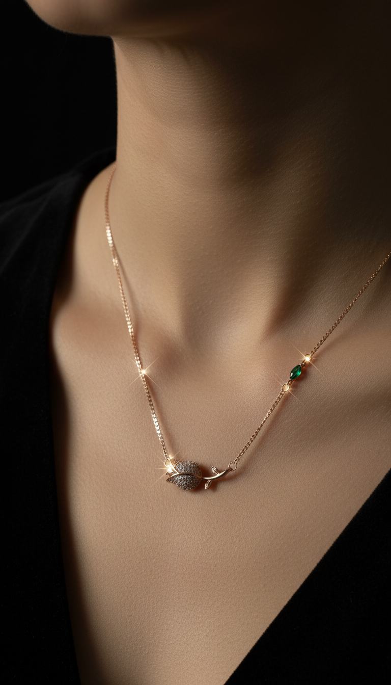 Rose Gold Pavé Rose Necklace with Emerald Accent