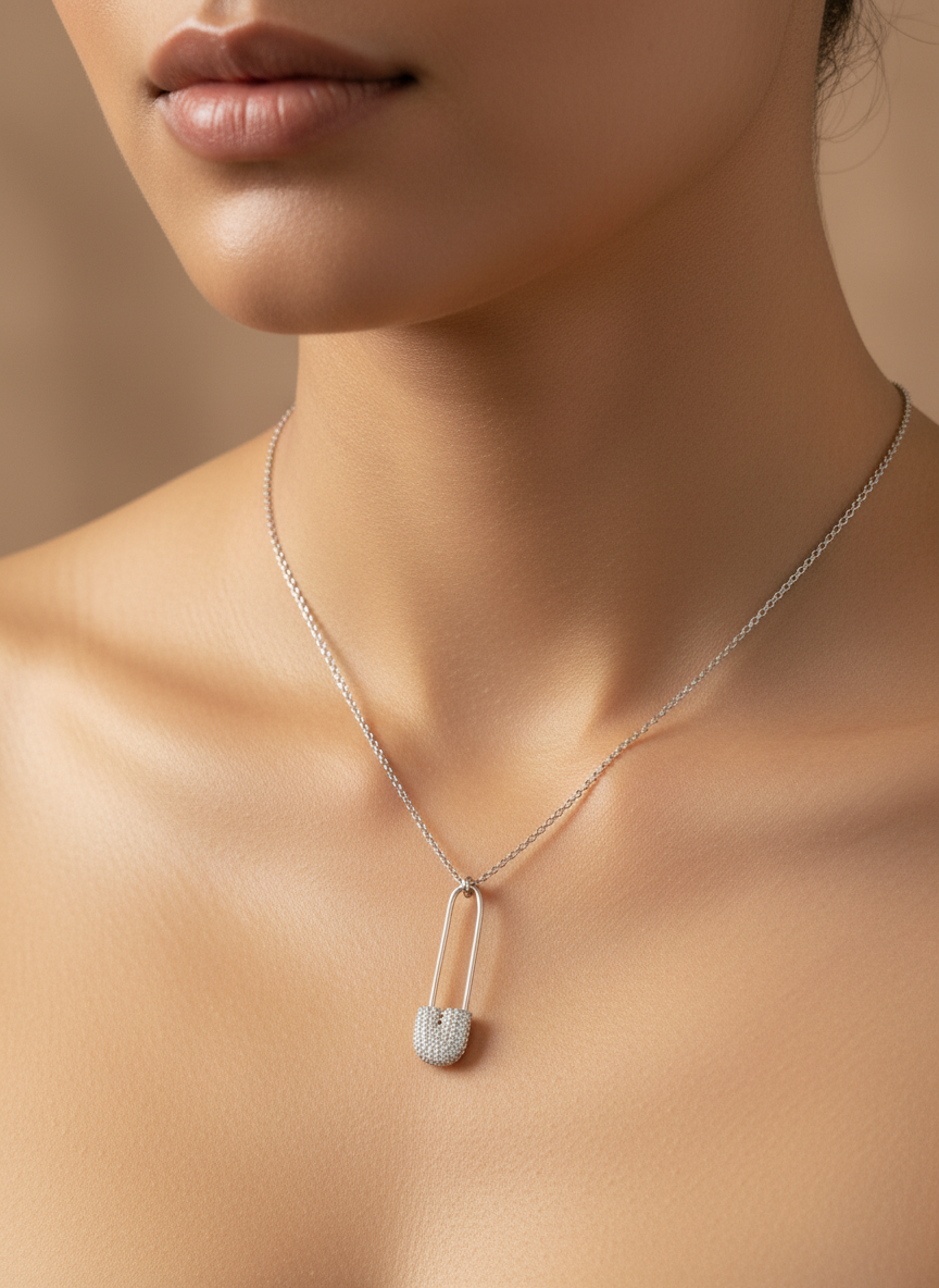 Silver Safety Pin Pendant (Pavé Tip)